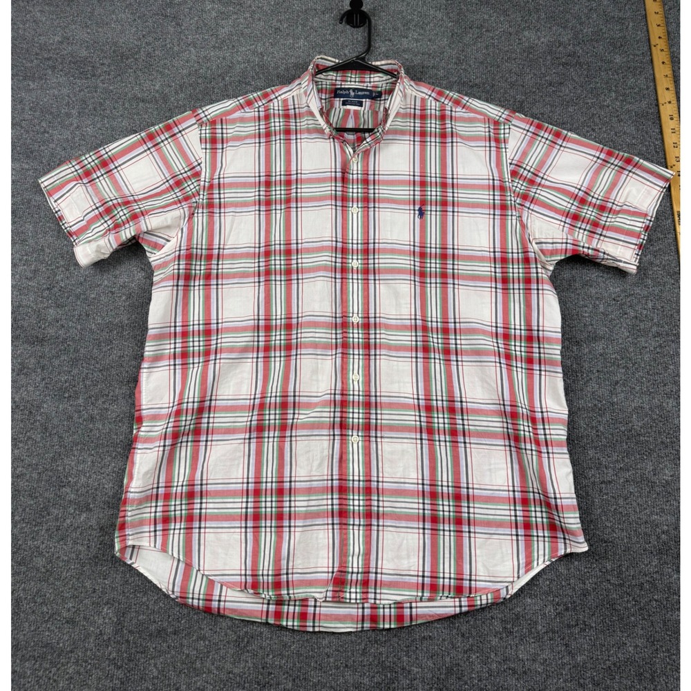 Ralph Lauren Blake Mens Large Red Green Plaid Cotton Short Sleeve Button Down
